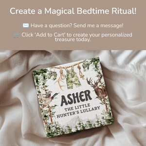 May include: A children's book titled "Asher The Little Hunter's Lullaby" with a forest theme. The cover features illustrations of a deer, duck, and baby clothes. The text "Create a Magical Bedtime Ritual!" is at the top.