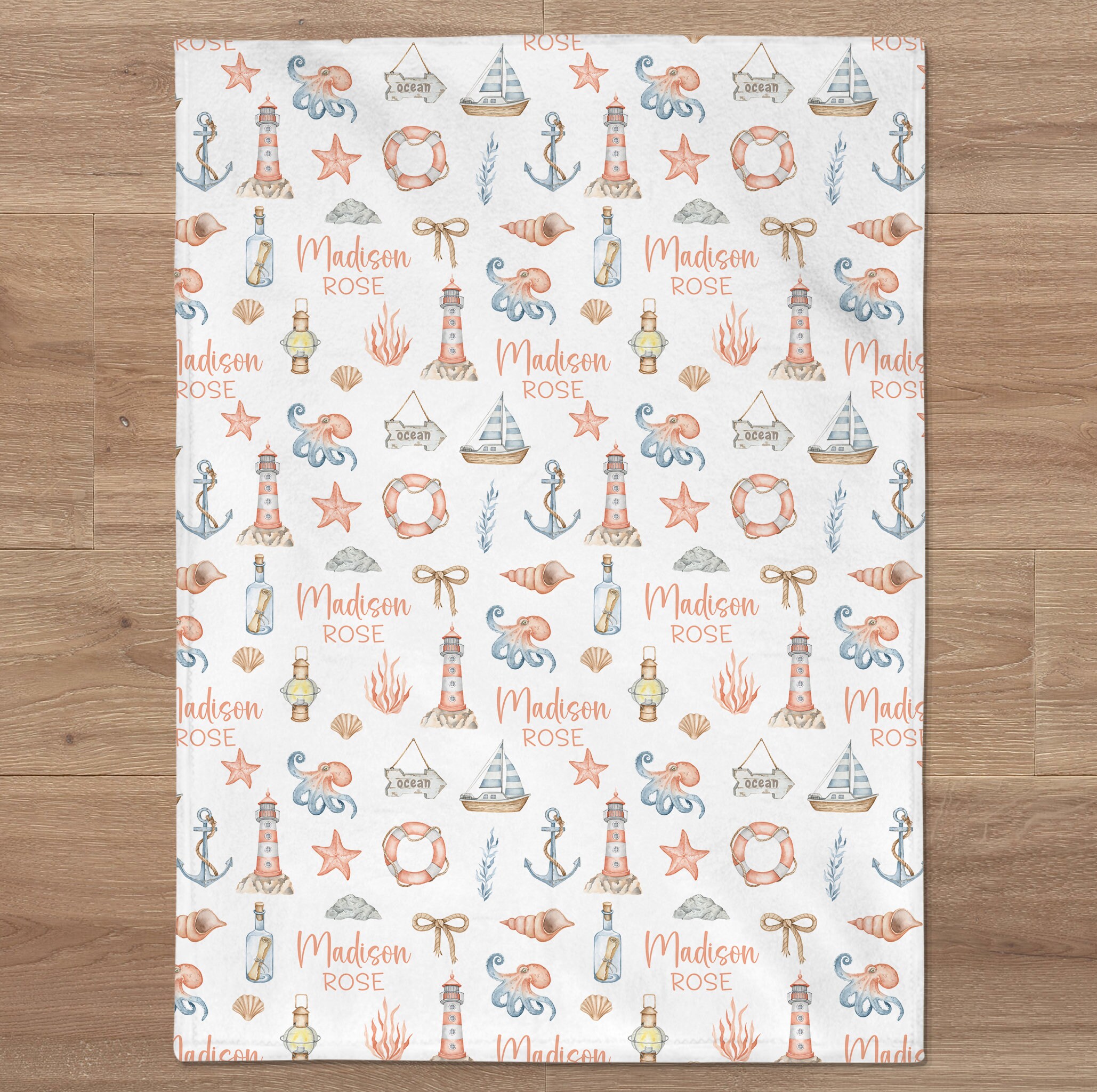 Custom Nautical Baby Name Blanket Personalized Ocean Sailboat Swaddle ...