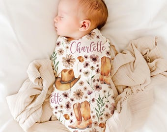 Personalized Cowgirl Swaddle Blanket Western Name Baby Blanket Newborn Baby Girl Coming Home Outfit Hospital Photo Outfit Baby Shower Gift