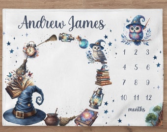 Wizard Milestone Blanket Personalized Baby Boy Month Blanket Magic Nursery Custom Growth Newborn Calendar Tracker New Mom Baby Shower Gift