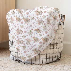 Custom Wildflower Rabbit Baby Name Blanket Personalized Bunny Swaddle Blanket New Mom Gift Newborn Gift Baby Shower Gift Toddler Blanket