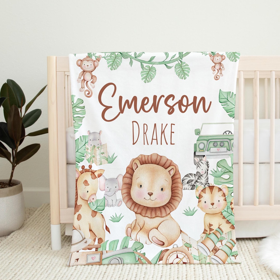 Personalized Safari Baby Boy Name Blanket Custom Car Nursery New Baby ...