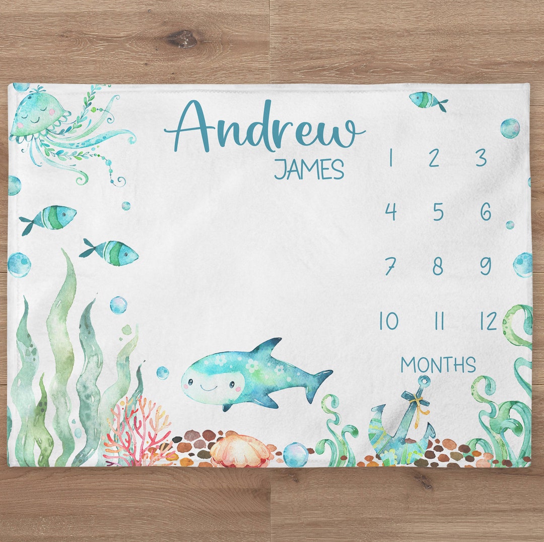 Ocean Milestone Blanket, Personalized Baby Gift, Under the Sea Baby Boy