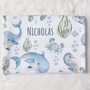 Custom Ocean Baby Name Blanket Personalized Sea Swaddle Hospital Blanket New Mom Gift Blue Turtle Whale Baby Shower Gift Toddler Blanket
