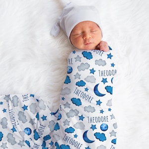 Personalized Moon Swaddle, Custom Moon And Stars Boy Name Blanket, Blue Clouds Swaddle, New Mom Gift, Newborn Gift, Baby Shower Gift