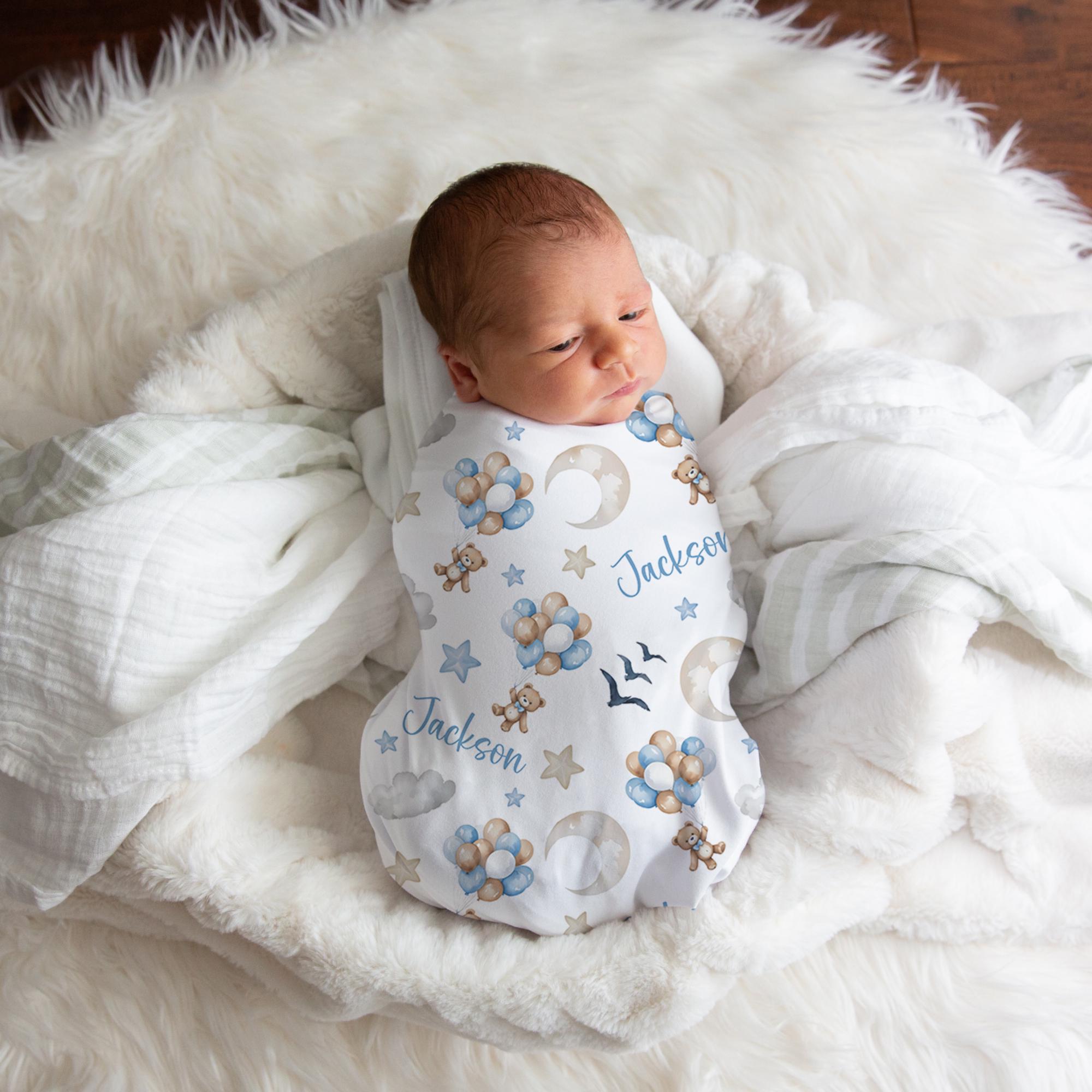 Personalized Baby Blanket With Name - Teddy Bear Balloon Rainbow Design 30x40 Inches