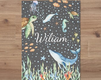 Baby Boy Name Blanket, Under the Sea Baby Name Blanket, Personalized Underwater Baby Name Blanket, Sea Animals Nursery, Baby Shower Gift