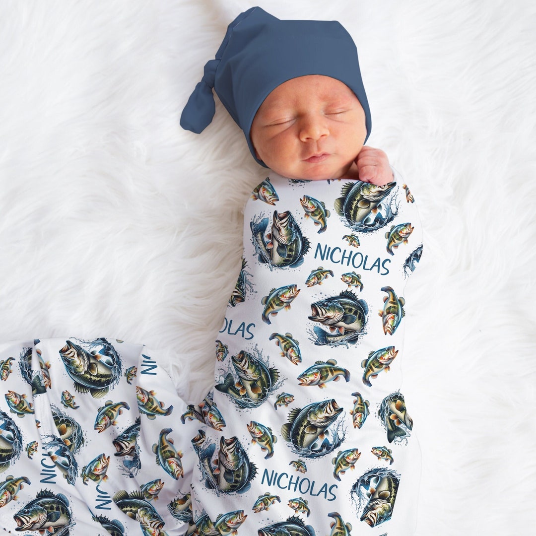 Personalized Fishing Swaddle Blanket Fish Name Baby Blanket Newborn ...