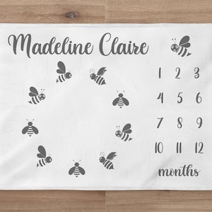 Bumble Bee Milestone Blanket, Custom Bee Baby Boy Blanket, Personalized Baby Month Blanket, Newborn Gift, Bee Baby Shower Gift