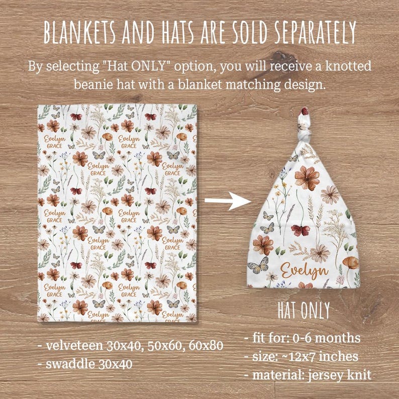 May include: A white baby blanket and matching hat set. The blanket and hat feature a floral and butterfly pattern with the name "Evelyn Grace" printed on them. The hat is approximately 12x7 inches and fits babies 0-6 months.