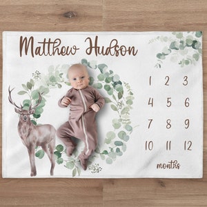 Deer Milestone Blanket, Custom Woodland Blanket, Personalized Greenery Baby Boy Month Blanket, Newborn Gift, Woodland Baby Shower Gift