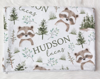 Personalized Racoon Swaddle Blanket Woodland Name Baby Blanket Newborn Baby Boy Coming Home Outfit Hospital Photo Outfit Baby Shower Gift