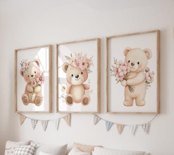 Set of 3 Teddy Bear Prints, Pink Flower Wall Art Set, Wildflower Posters Modern Art, Kids Bedroom Decor, Girl Nursery Decor, Playroom Prints