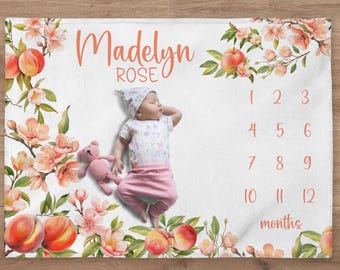 Peaches Milestone Blanket, Personalized Peach Baby Girl Month Blanket, Nursery Custom Newborn Growth Tracker, New Mom Baby Shower Gift