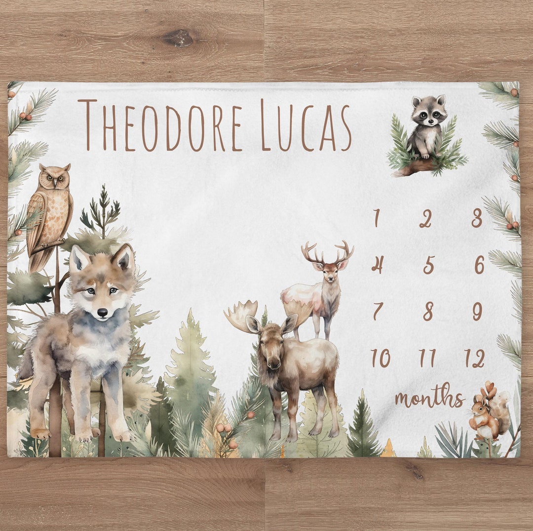 Woodland Milestone Blanket Personalized Baby Boy Month Blanket Deer ...