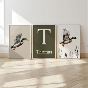 Custom Mallard Duck Prints, Set of 3 Hunting Nursery Wall Art, Boho, Duck Baby Boy Nursery Decor, Watercolor flowers, Personalized Name Sign