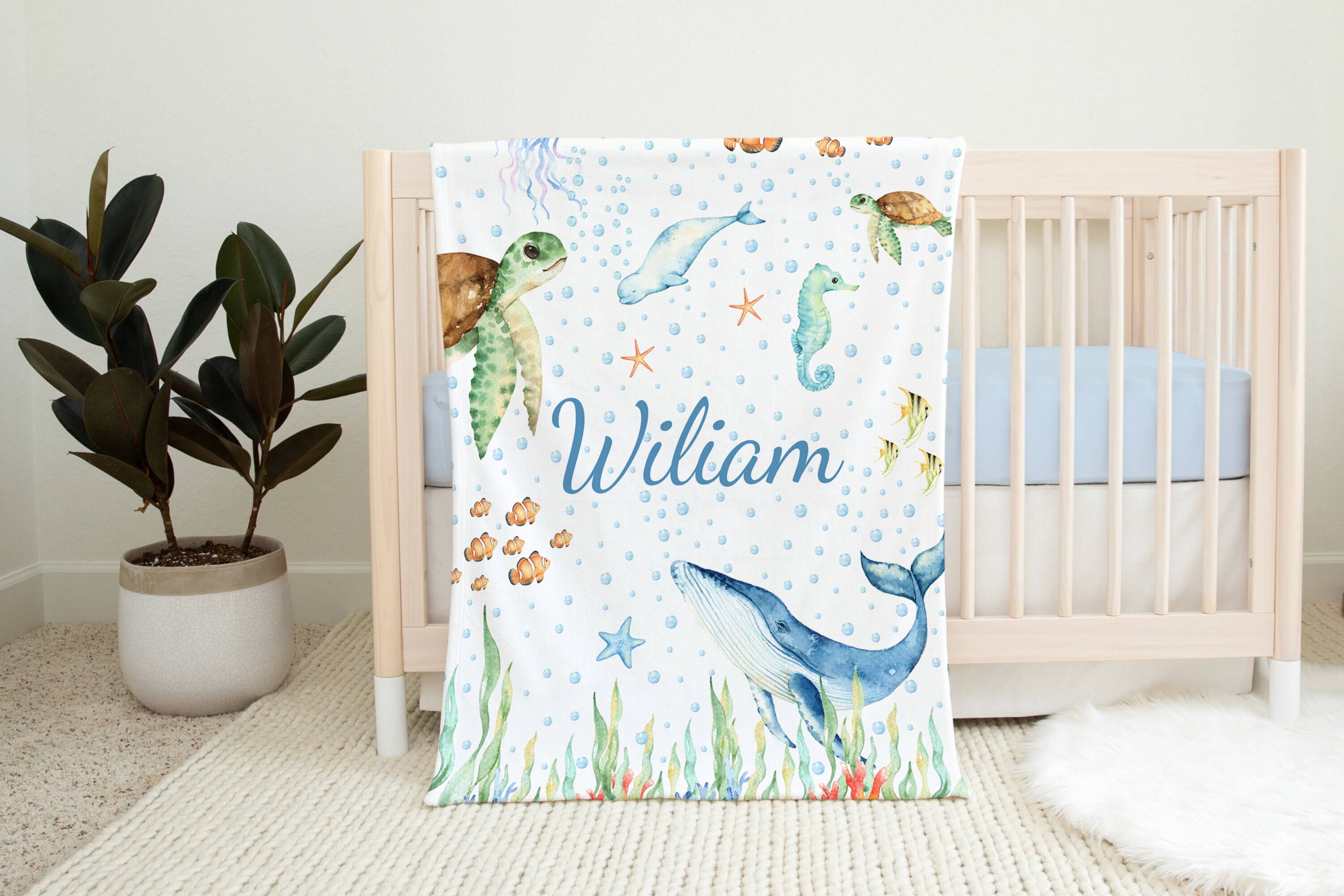 Baby Boy Name Blanket, Under the Sea Baby Name Blanket, Personalized ...