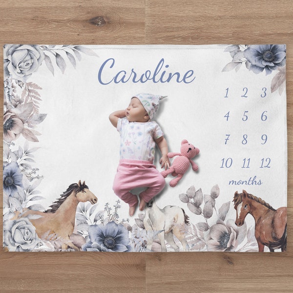 Flowers Milestone Blanket, Custom Horse Girl Name Blanket, Personalized Horse Baby Month Blanket, Newborn Gift, Floral Baby Shower Gift