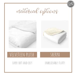 May include: Image showcasing two blanket material options: Velveteen Plush and Sherpa. The Velveteen Plush blanket is folded, appearing soft and cozy. The Sherpa blanket is folded with a fluffy, cream-colored top layer. Text reads "material options."