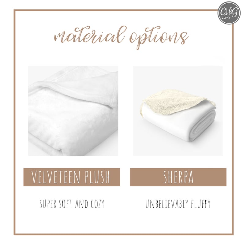 May include: Image showcasing two blanket material options: Velveteen Plush and Sherpa. The Velveteen Plush blanket is folded, appearing soft and cozy. The Sherpa blanket is folded with a fluffy, cream-colored top layer. Text reads "material options."