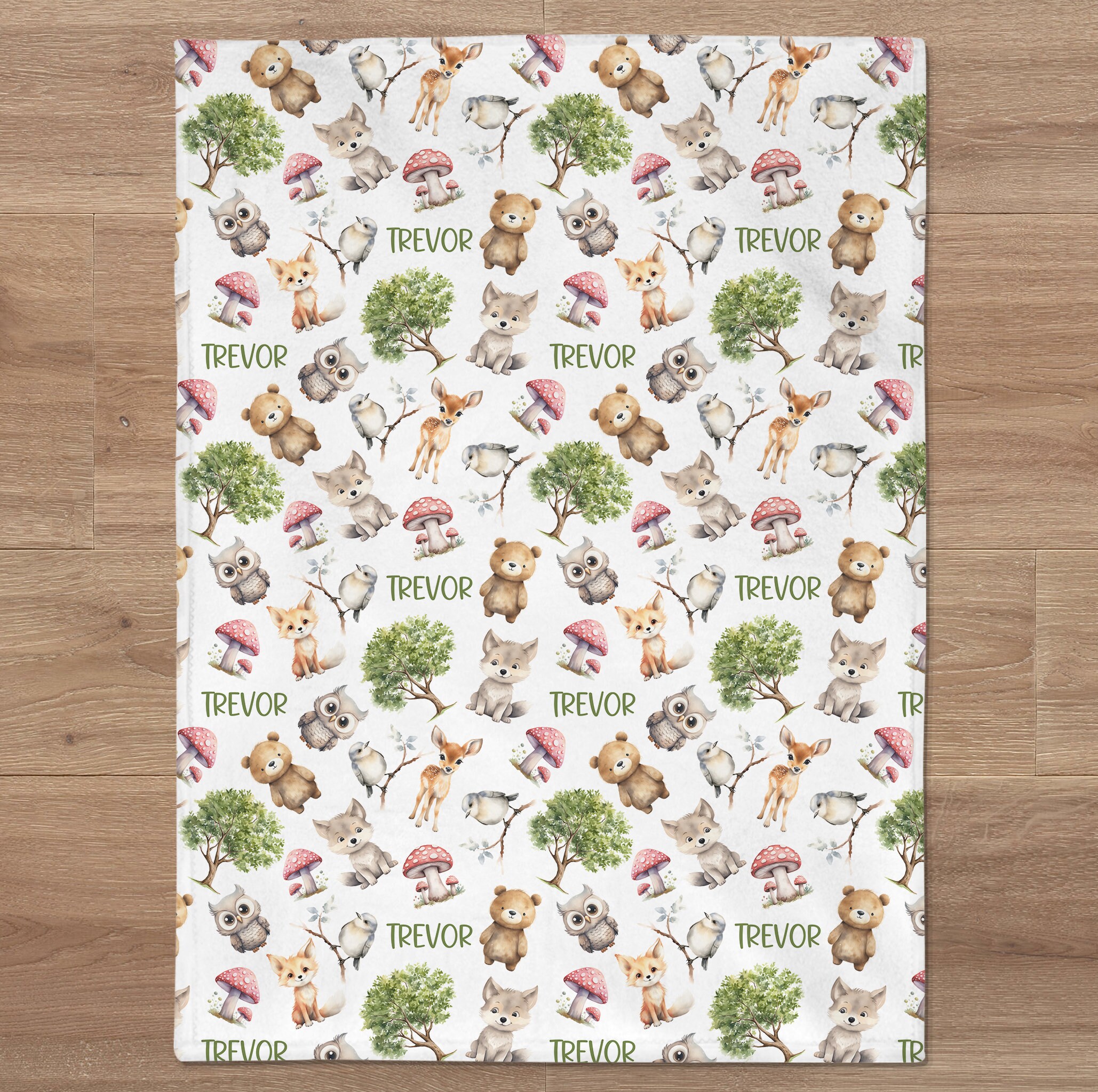 Personalized Baby Blanket - Custom Name Woodland Animals Forest Theme - Flannel 30x40 Inches - Perfect Baby Shower Gift