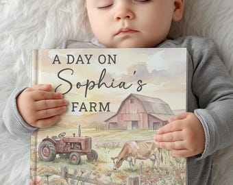 May include: A children's book titled "A Day on Sophia's Farm" featuring a watercolor illustration of a farm scene. The cover art includes a red tractor, a barn, a cow, and the name "Sophia's" in cursive.