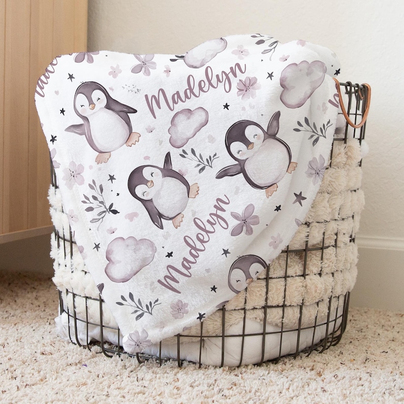 Custom Penguin Baby Name Blanket Personalized Flower Swaddle Hospital