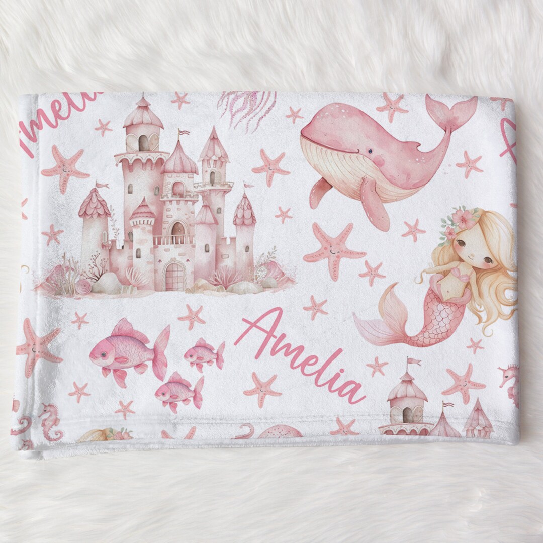 Personalized Pink Mermaids Swaddle Blanket Ocean Whale Sea Castle Name
