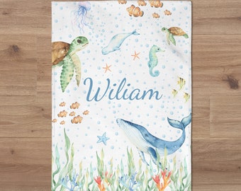Baby Boy Name Blanket, Under the Sea Baby Name Blanket, Personalized Underwater Baby Name Blanket, Sea Animals Nursery, Baby Shower Gift