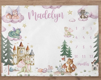 Personalized Dragon Baby Girl Milestone Blanket | Fairy Tale Name Blanket | New Baby Gift |  Custom Dragon Theme Nursery | Baby Shower Gift