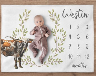 Longhorn Cow Milestone Blanket, Farm Boy Blanket, Personalized Greenery Wreath Baby Boy Month Blanket, Newborn Gift, Baby Shower Gift