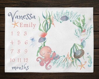 Octopus Milestone Blanket, Ocean Milestone Baby Blanket, Sea Animals Baby Girl Month Blanket, Newborn Gift, Underwater Baby Shower Gift