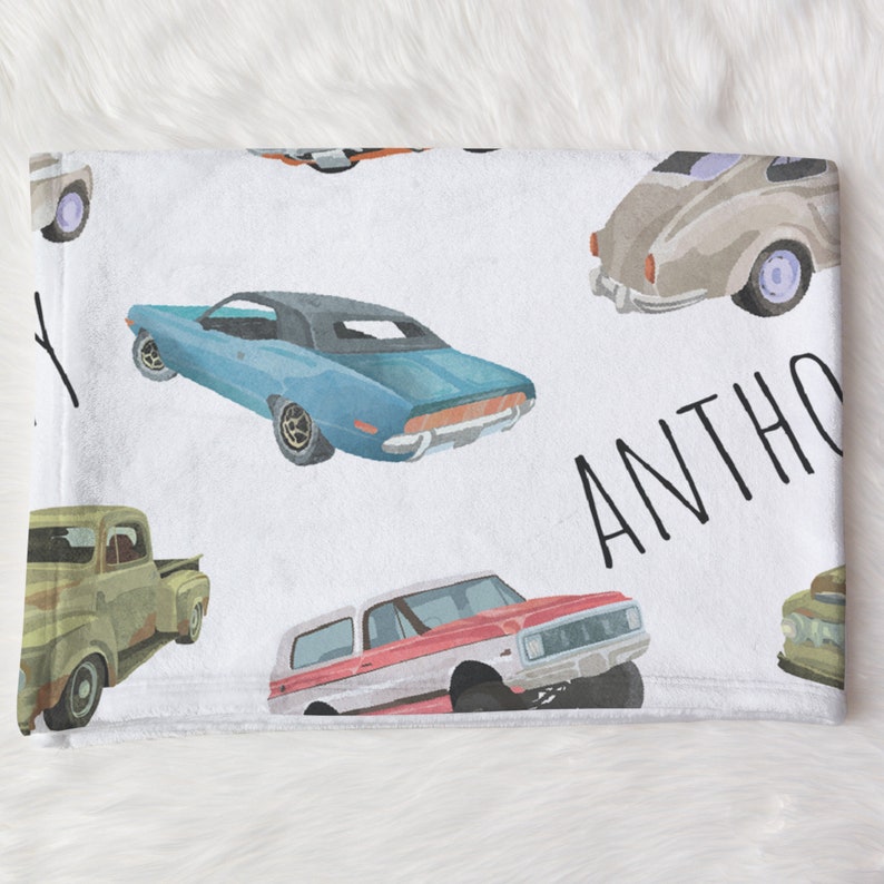 Custom Cars Baby Name Blanket, Personalized Baby Boy Vintage Cars Swaddle, New Mom Gift, Vehicle Newborn Gift, Retro Cars Baby Shower Gift image 3