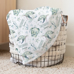 Custom Turtle Baby Name Blanket Personalized Ocean Animal Swaddle Hospital Blanket New Mom Gift Newborn Gift Under The Sea Baby Shower Gift