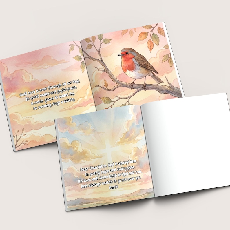 May include: An open book with watercolor illustrations and text. One page features a robin perched on a branch against a sunset sky. The opposite pages contain inspirational text. The book's theme is faith and nature.