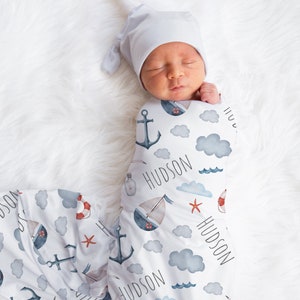 Custom Nautical Name Blanket, Personalized Sailboat Swaddle, New Mom Gift, Newborn Gift, Sailor Baby Shower Gift