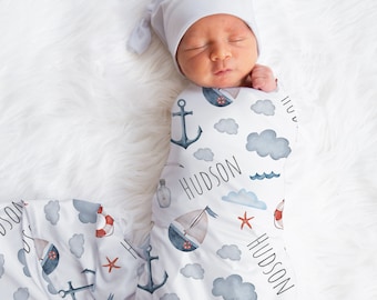 Custom Nautical Name Blanket, Personalized Sailboat Swaddle, New Mom Gift, Newborn Gift, Sailor Baby Shower Gift