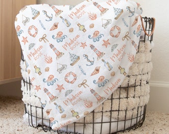 Custom Nautical Baby Name Blanket Personalized Ocean Sailboat Swaddle Hospital Blanket New Mom Gift Newborn Gift Sea Baby Shower Gift