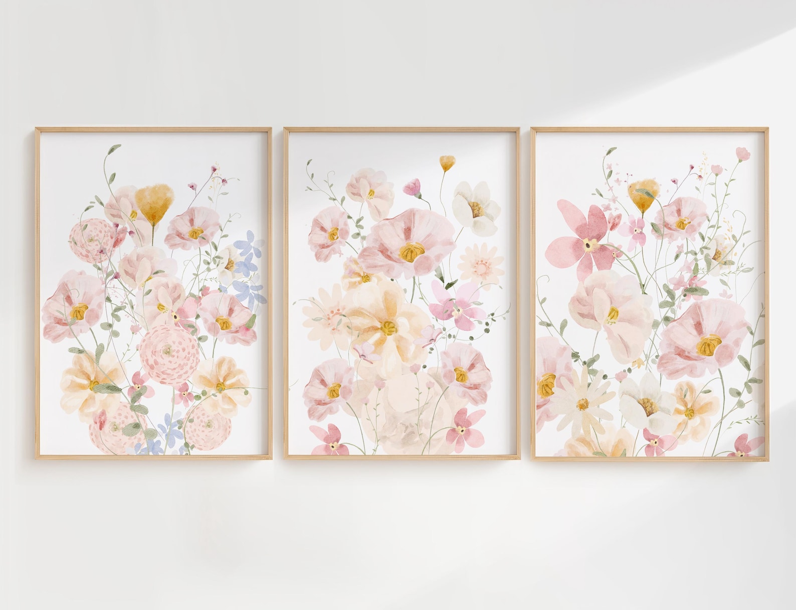 Set of 3 Wildflower Prints, Pink Flowers Wall Art Set, Floral Posters ...