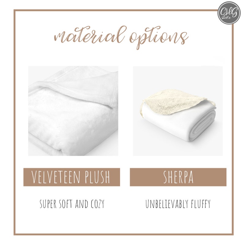 May include: Two white blankets, one with a velvety plush texture and the other with a sherpa texture. The text "VELVETEEN PLUSH" and "SUPER SOFT AND COZY" are below the first blanket. The text "SHERPA" and "UNBELIEVABLY FLUFFY" are below the second blanket.