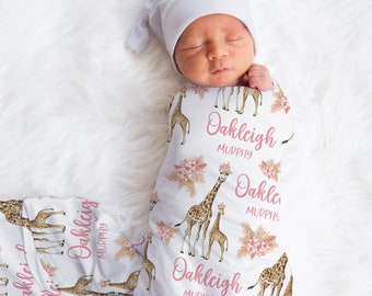 Custom Giraffe Baby Girl Swaddle | Personalized Baby Girl Boho Flowers Name Blanket | New Mom Gift | Newborn Gift | Sfari Baby Shower Gift