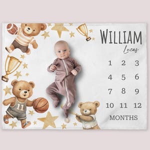 Bear Sports Milestone Blanket, Personalized Football Baby Boy Month Blanket, Nursery Custom Newborn Growth Tracker, New Mom Baby Shower Gift