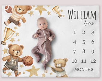 Bear Sports Milestone Blanket, Personalized Football Baby Boy Month Blanket, Nursery Custom Newborn Growth Tracker, New Mom Baby Shower Gift