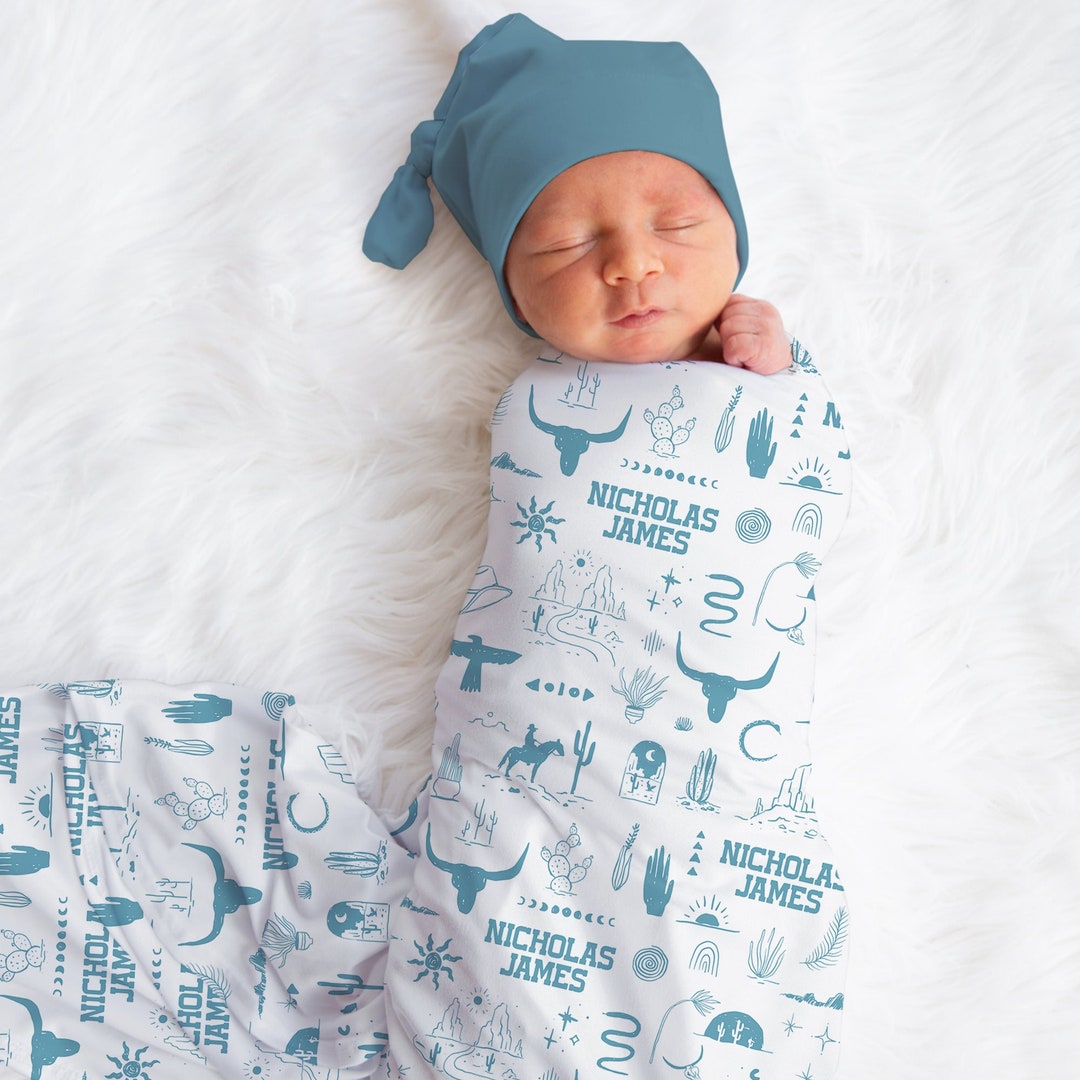 Personalized Cowboy Swaddle Blanket Western Name Baby Blanket Newborn