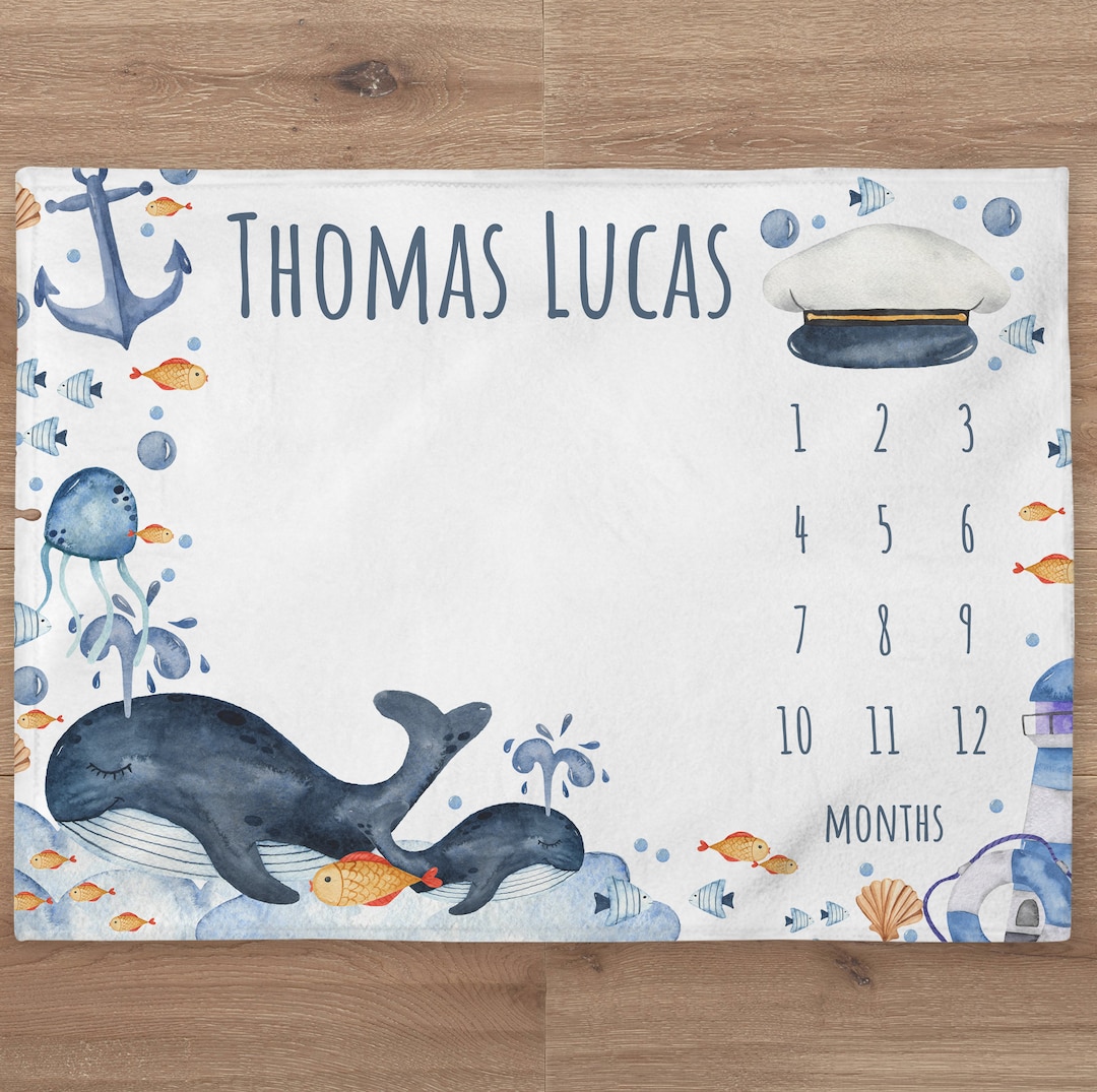 Whale Milestone Blanket Personalized Baby Boy Month Blanket Nautical ...