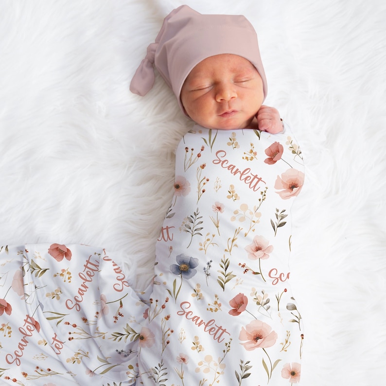 Custom Wildflowers Swaddle, Flower Baby Name Blanket, Personalized Baby Girl Floral Swaddle, New Mom Gift, Newborn Gift, Baby Shower Gift image 1