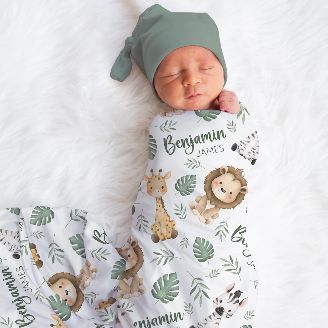 Personalized Safari Baby Name Blanket Custom Elephant Swaddle Lion ...