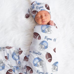 Personalized Football Swaddle Blanket For Baby Shower, Custom Newborn Baby Boy Gift, Sports Toddler Name Blanket, Coming Home Outfit