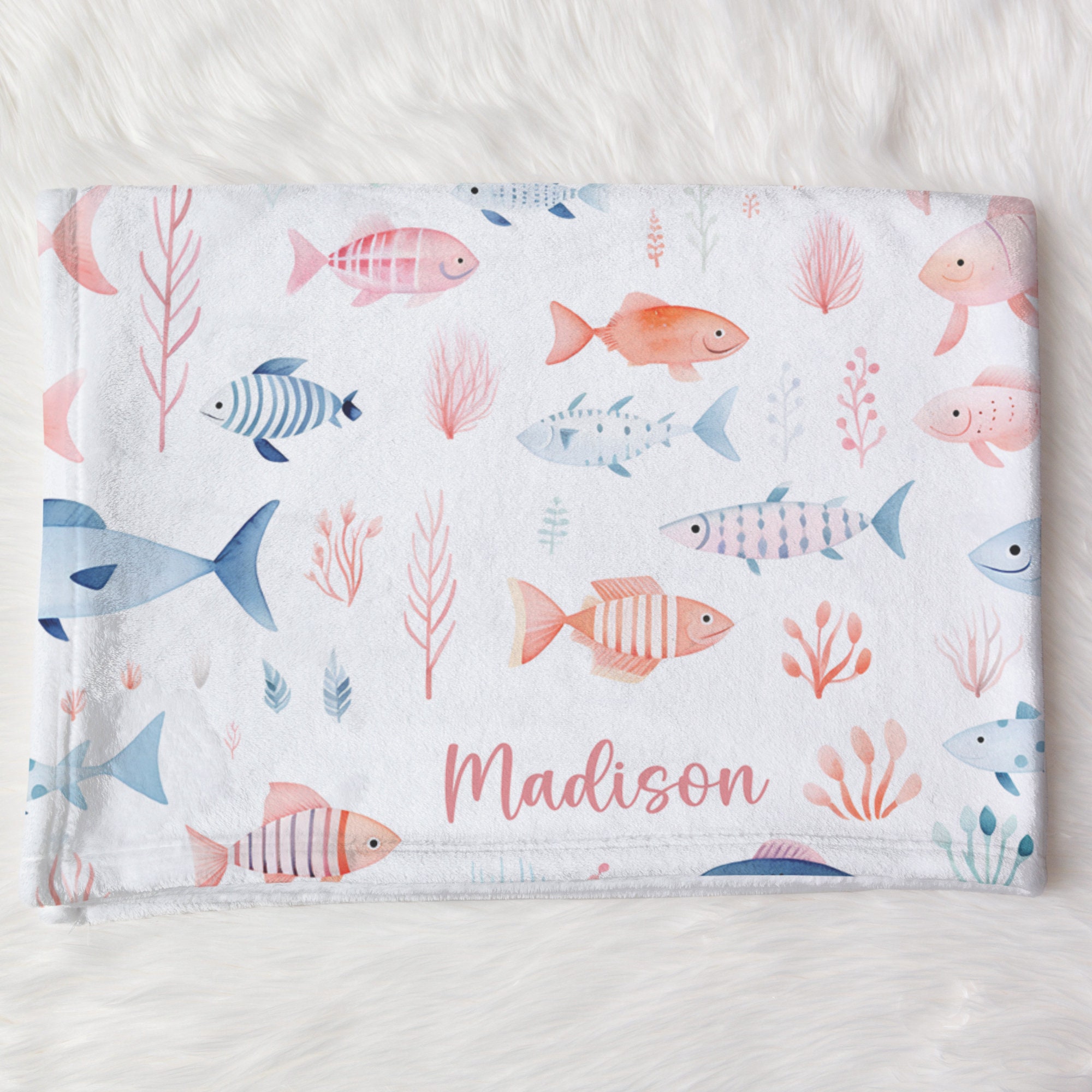 Sea Animals Name Swaddle, Custom Girl Ocean Blanket, Personalized Fish ...