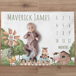 Farm Milestone Blanket, Personalized Tractor Baby Boy Blanket, Custom Horse Milestone Blanket, Cow Blanket, Newborn Gift, Baby Shower Gift